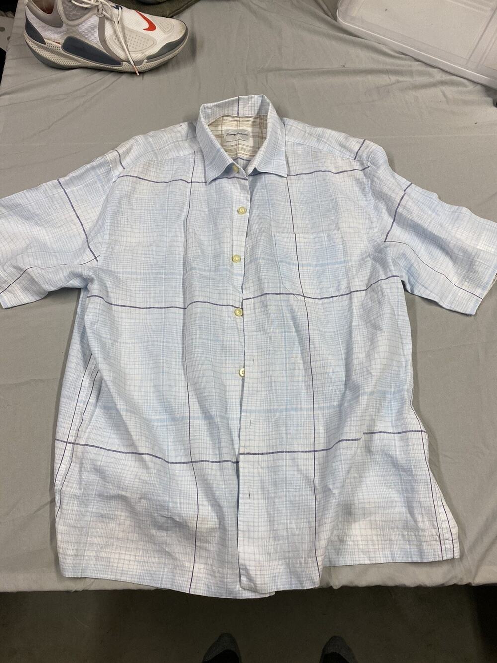 Tommy Bahama Shirts Men Button Up Linen Hawaiian Shirt Blue Stripes